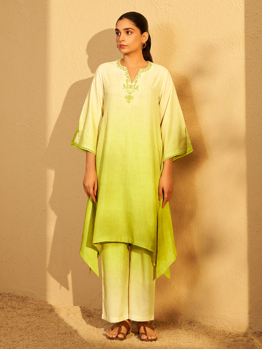 Yellow Ombre Embroidered Kurta Set