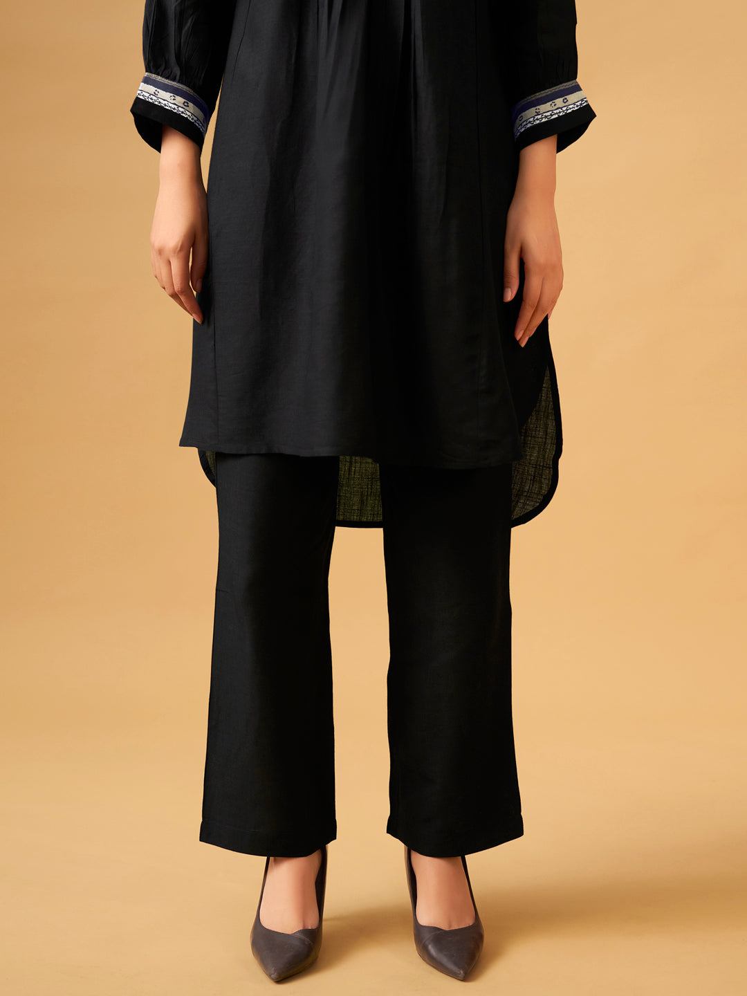 Classic Black Rayon Slub Straight Kurta Set