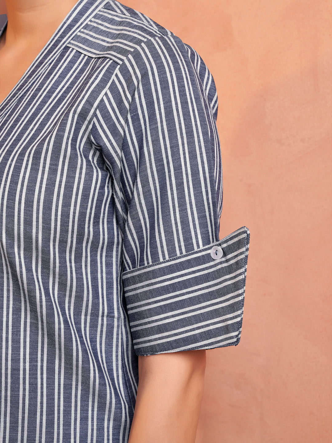 Blue Striped Embroidered Cotton Kurta Set