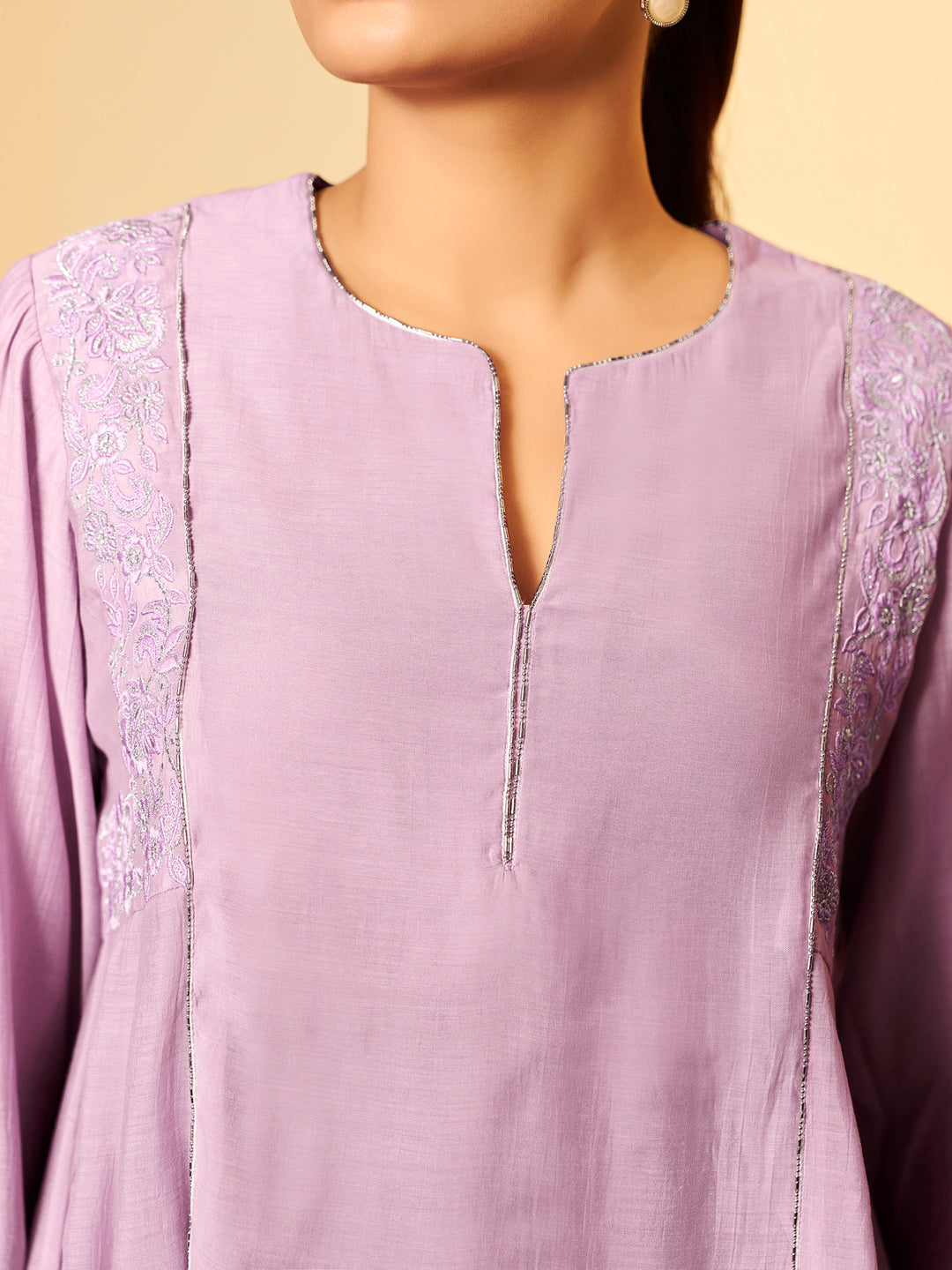 Pastel Lilac Embroidered Chanderi Suit Set With Dupatta
