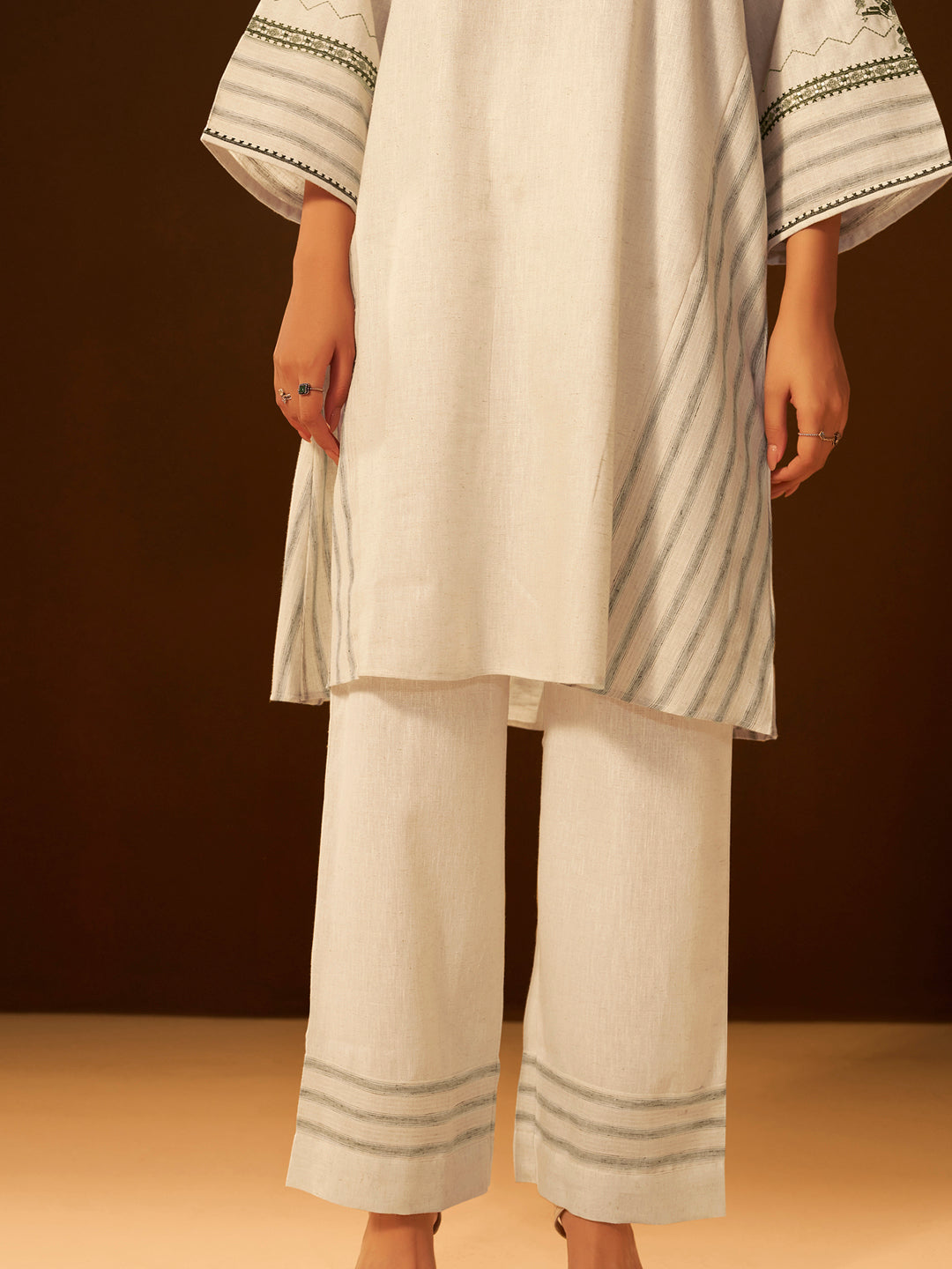 White and Green Embroidered Cotton Kurta Set