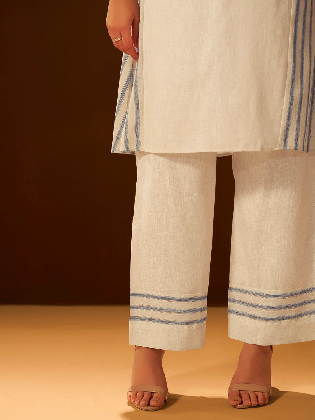 White and Blue Embroidered Cotton Kurta Set