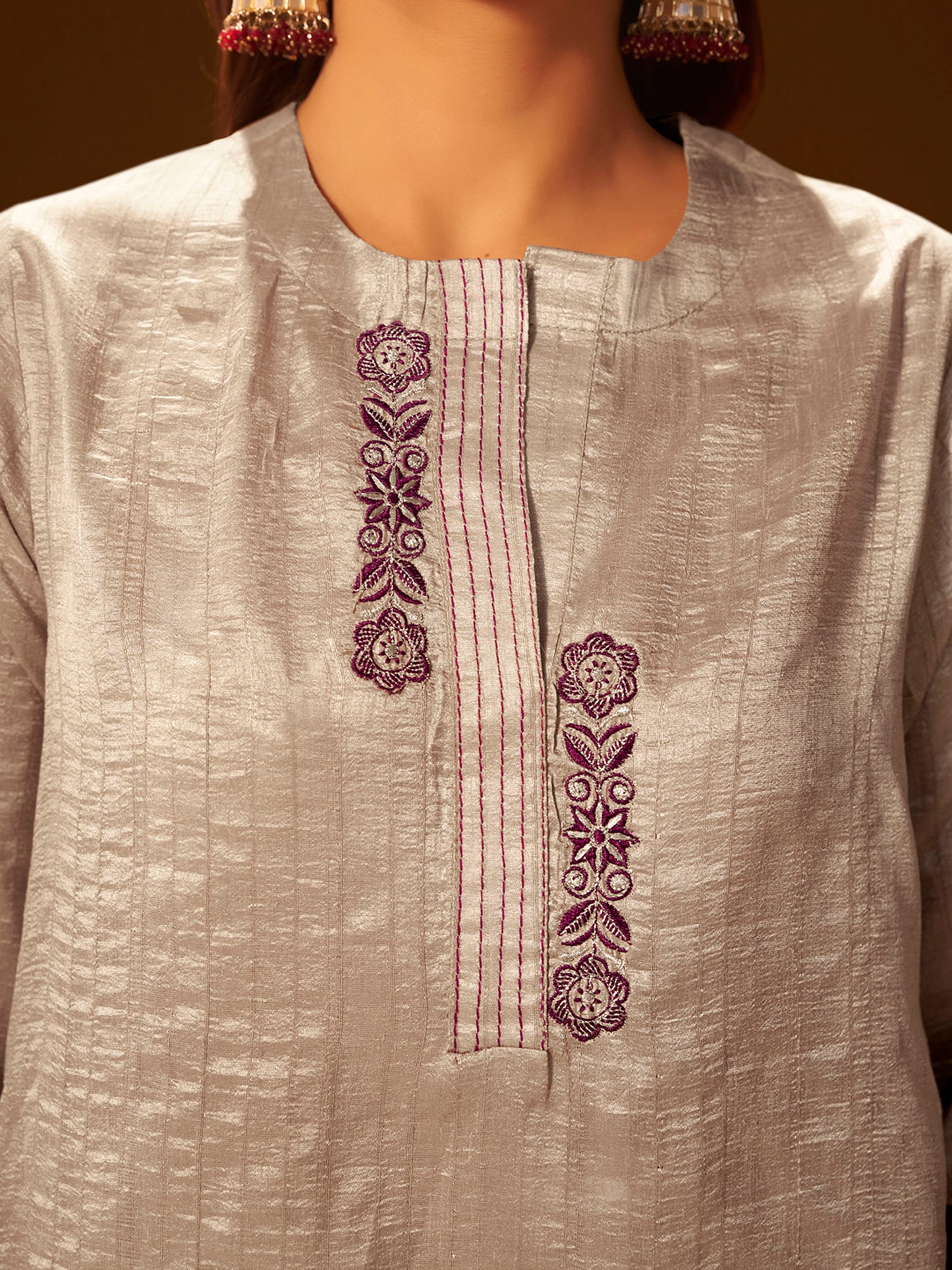 Regal Beige & Maroon Embroidered Silk Kurta Set