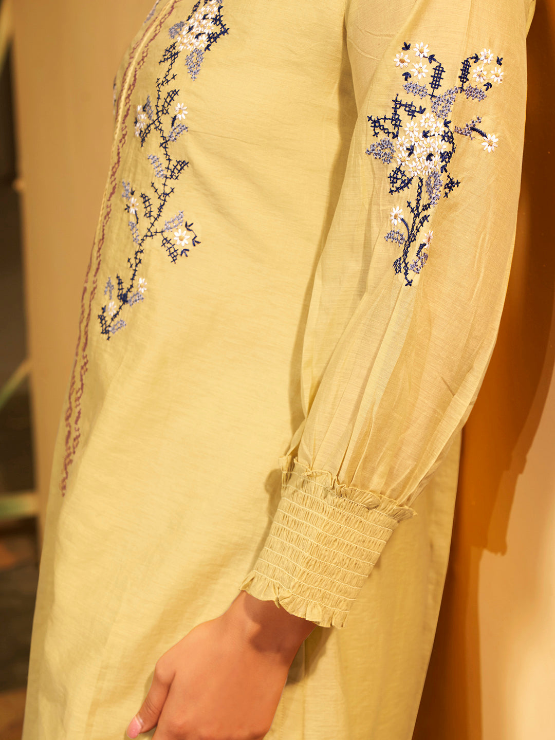 Yellow Floral Embroidered Cotton Kurta Set