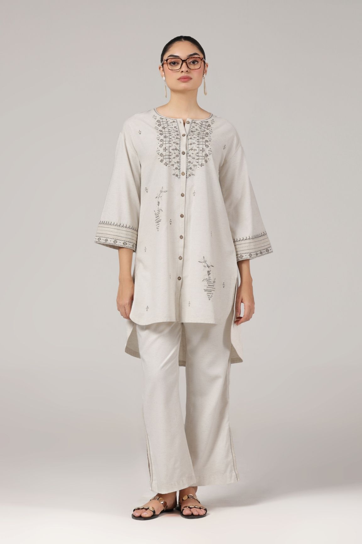 Off-White Embroidered High-Low Kurta Set