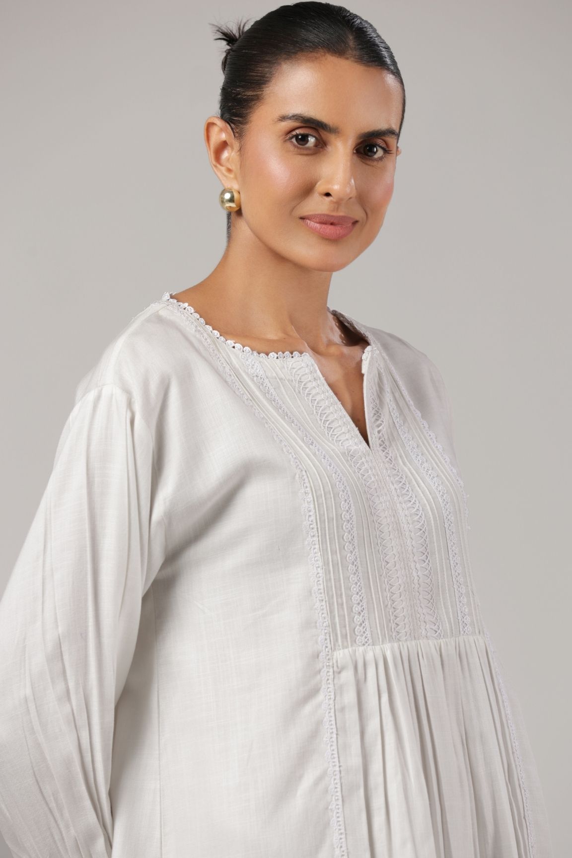 White Pintuck Lace Trimmed Organic Cotton Top