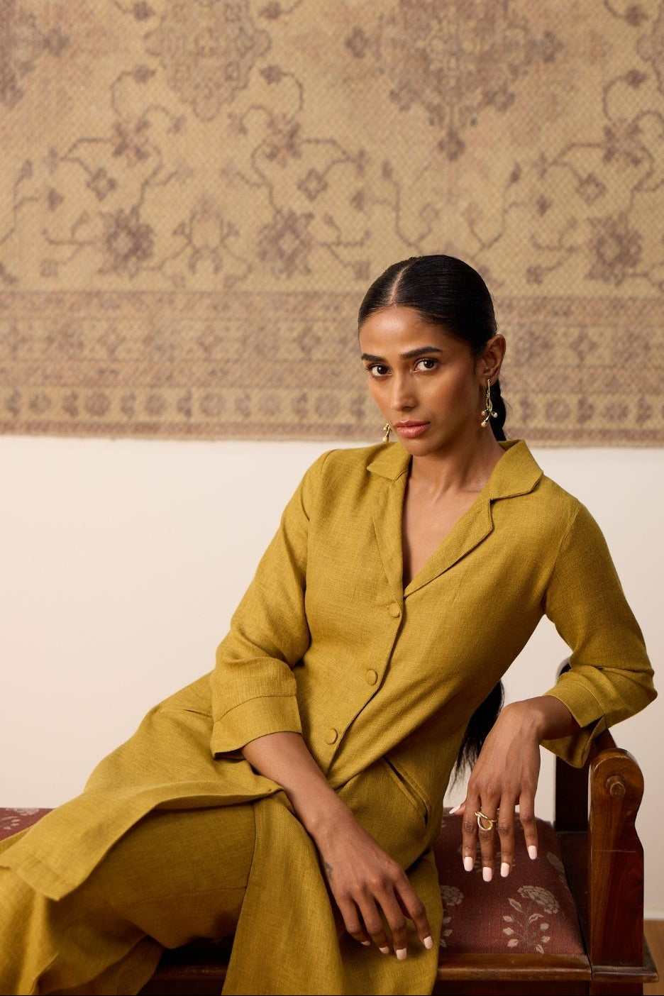 Mustard Linen Blend Button-Down Kurta Set