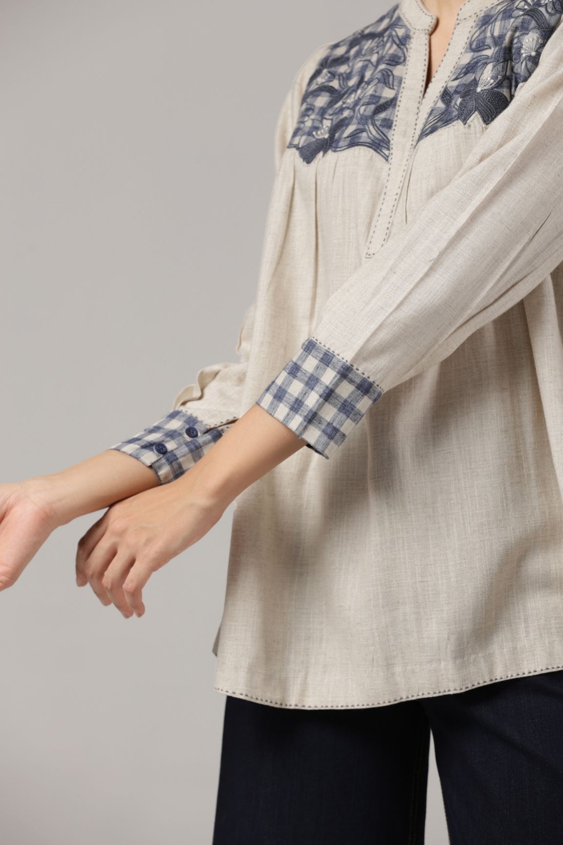 Off-White Embroidered Yoke Soft Cotton Top