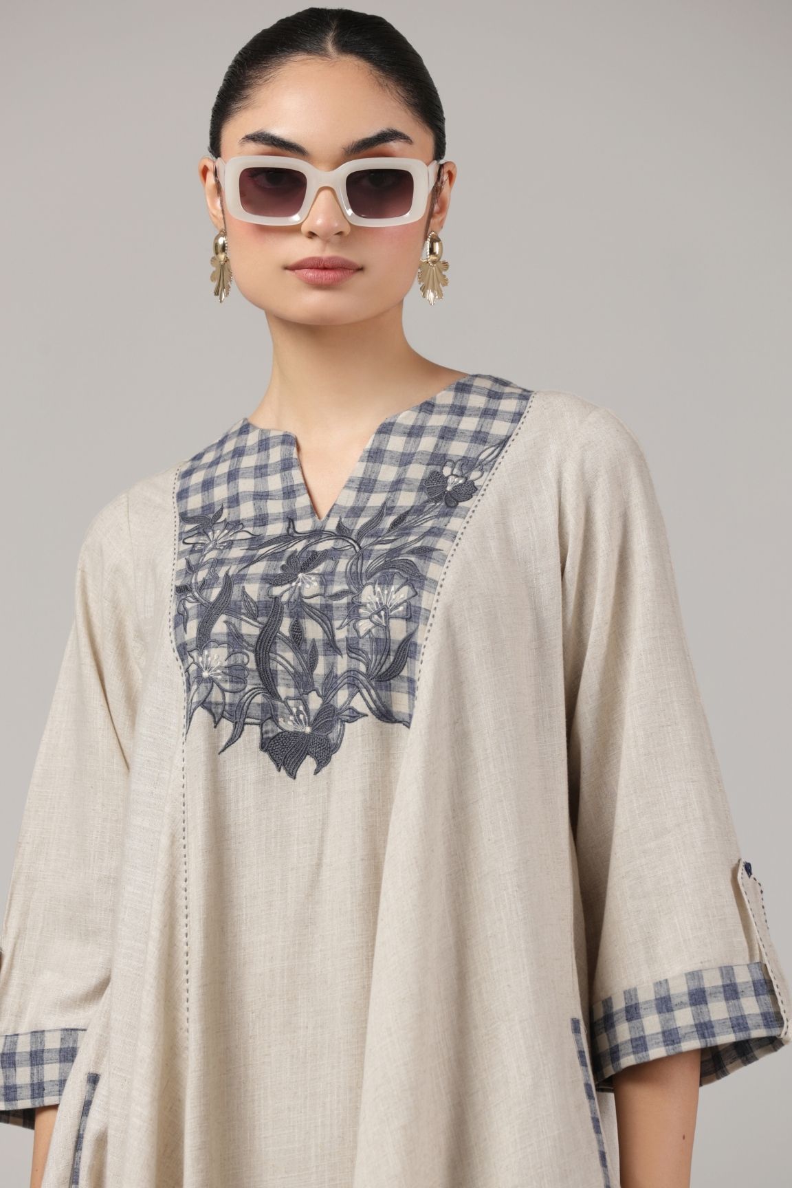 Beige and Navy Handloom Cotton High-Low Dress