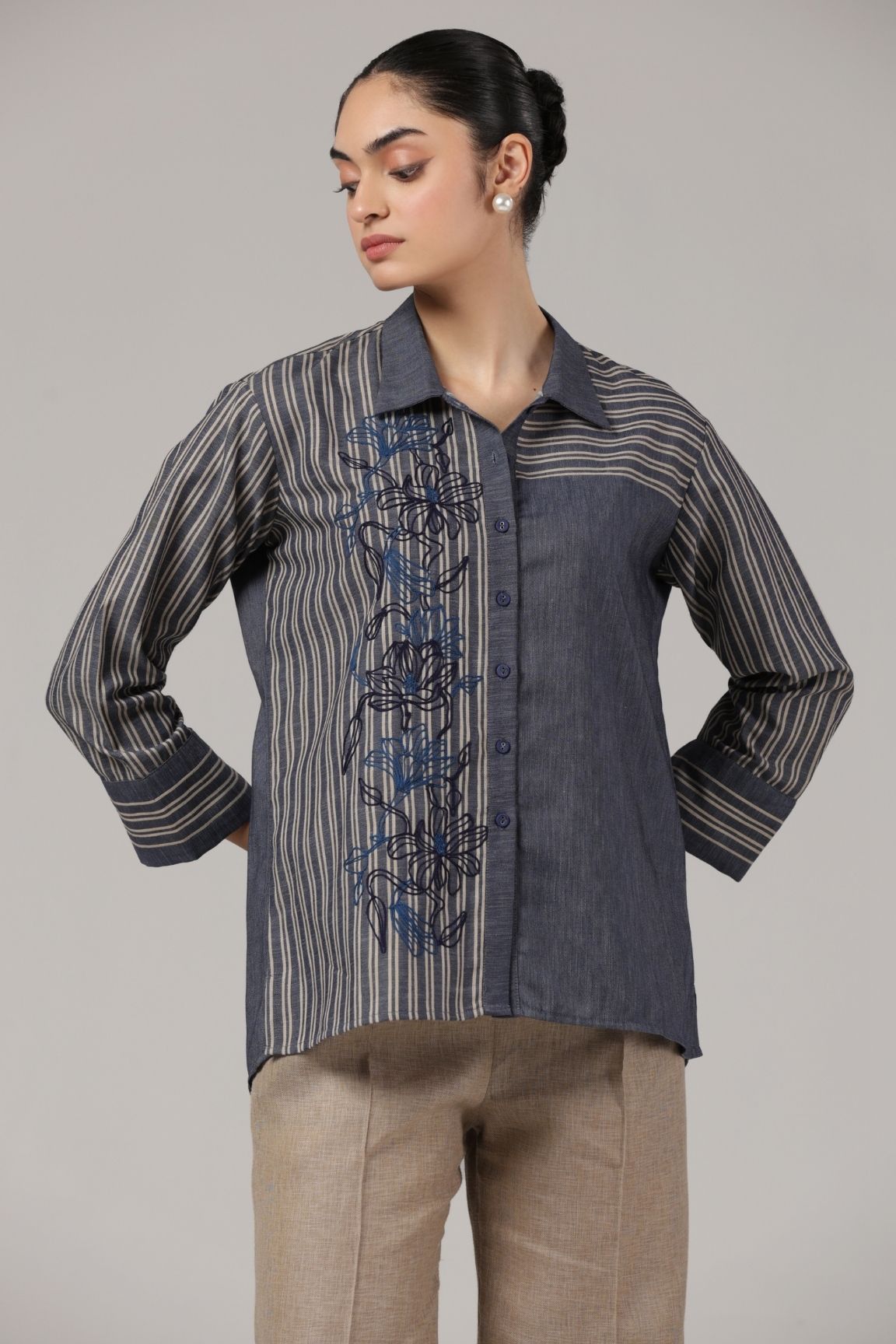 Denim Blue Striped Embroidered Cotton Shirt