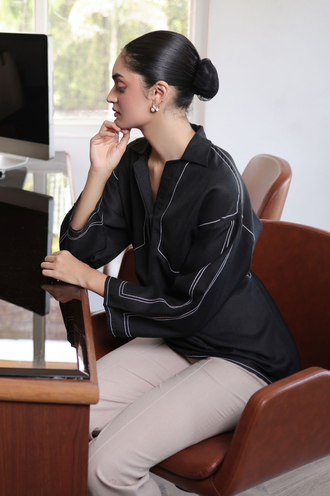 Black Contrast Stitch Cotton Linen Blend Top