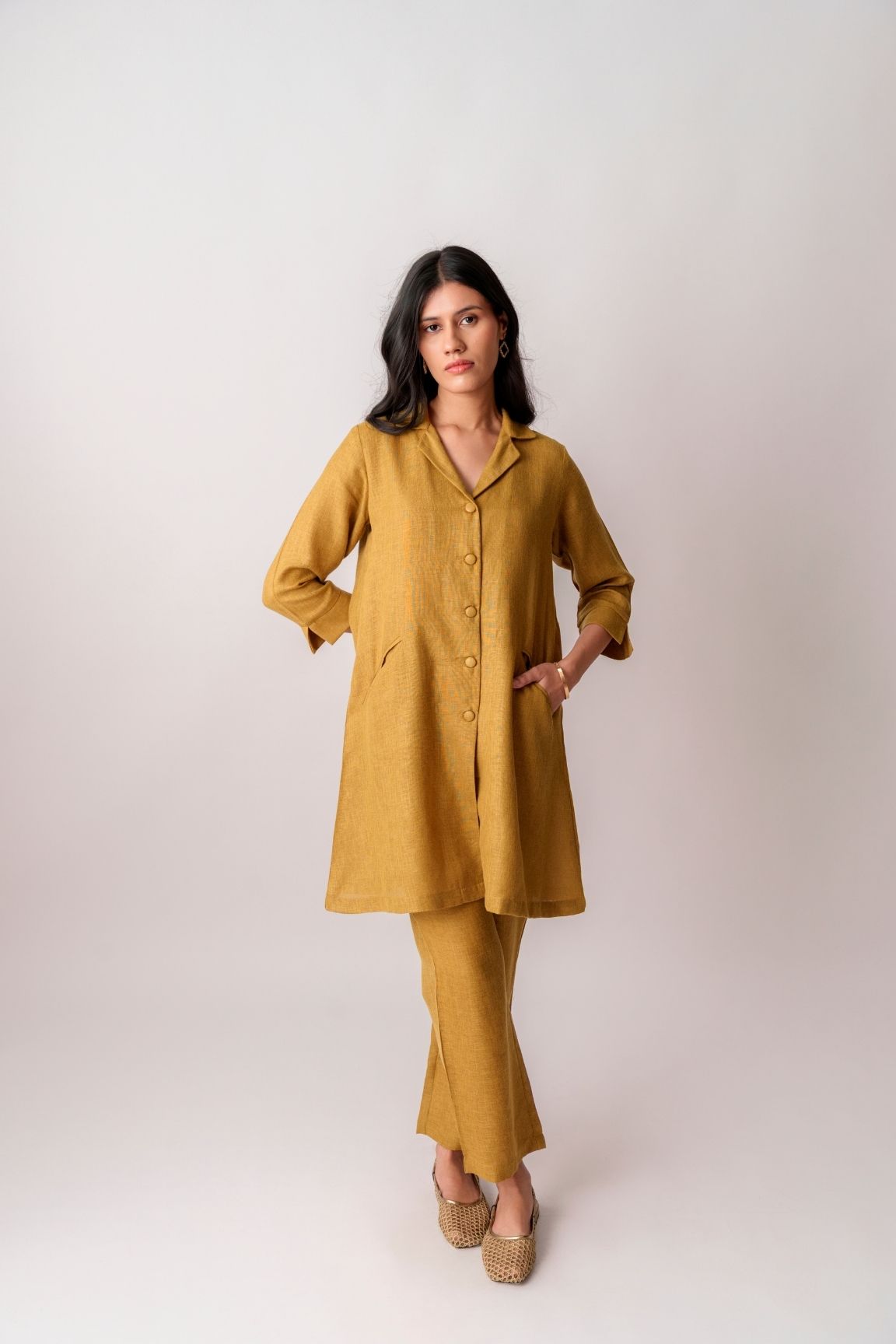 Mustard Linen Blend Button-Down Kurta Set