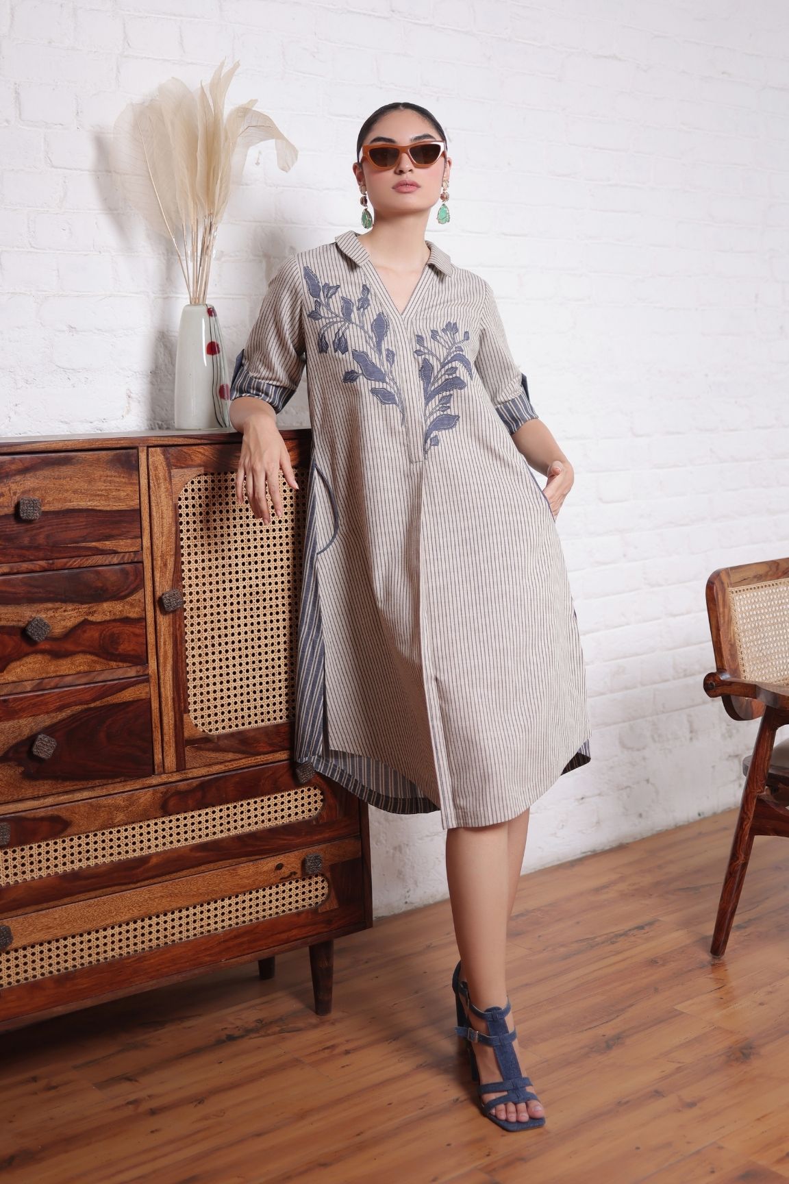 Beige & Blue Striped Embroidered Shirt Dress
