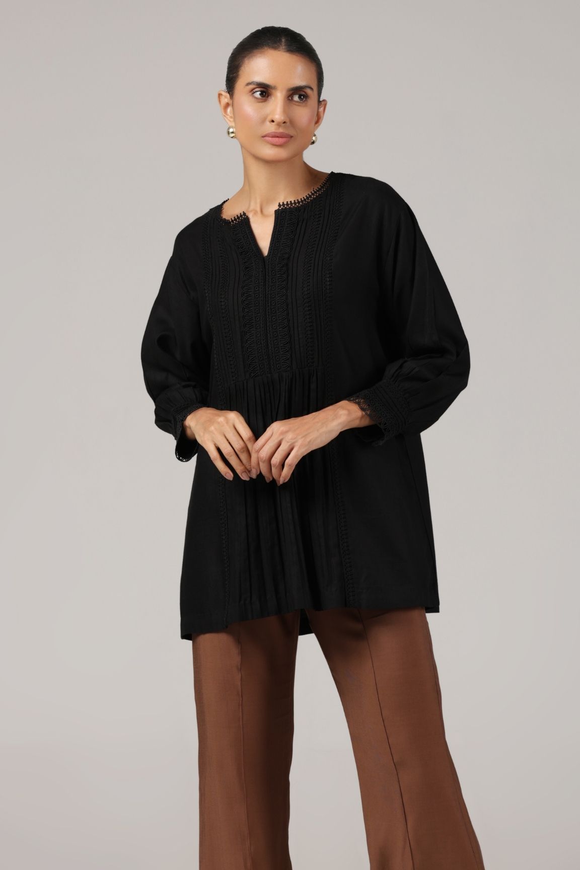 Black Textured Pleated Organic Cotton Top