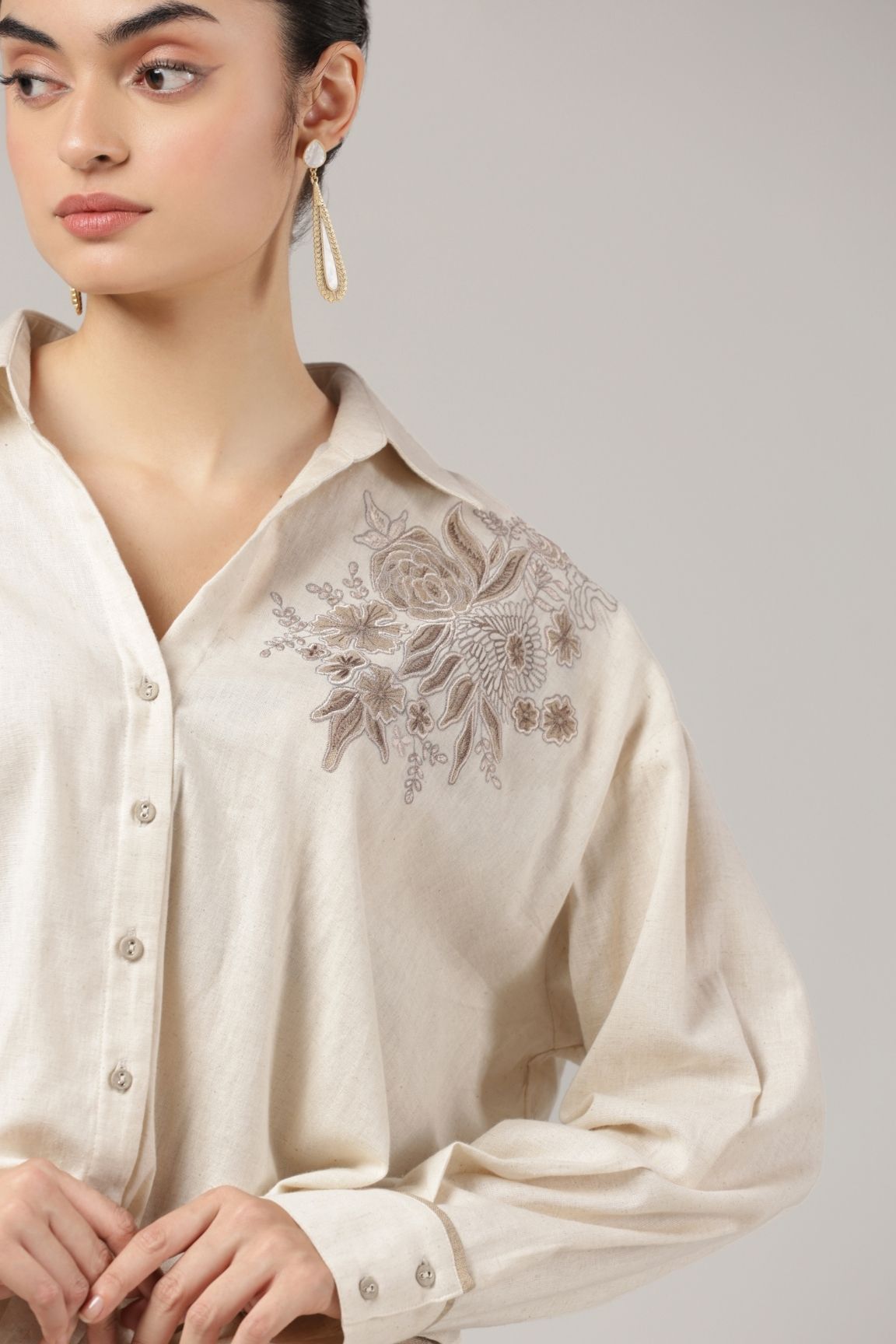 Beige Floral Embroidered Relaxed Fit Shirt