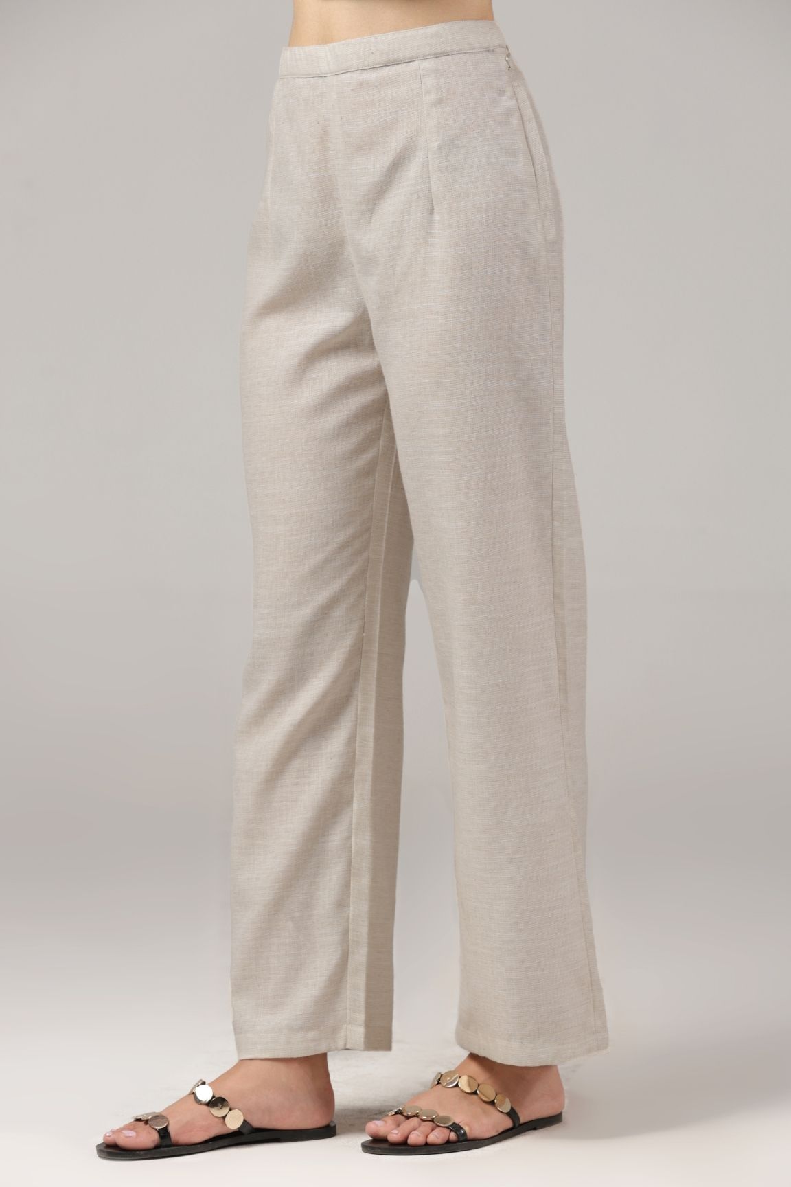 Beige Striped Embroidered Linen Kurta Set