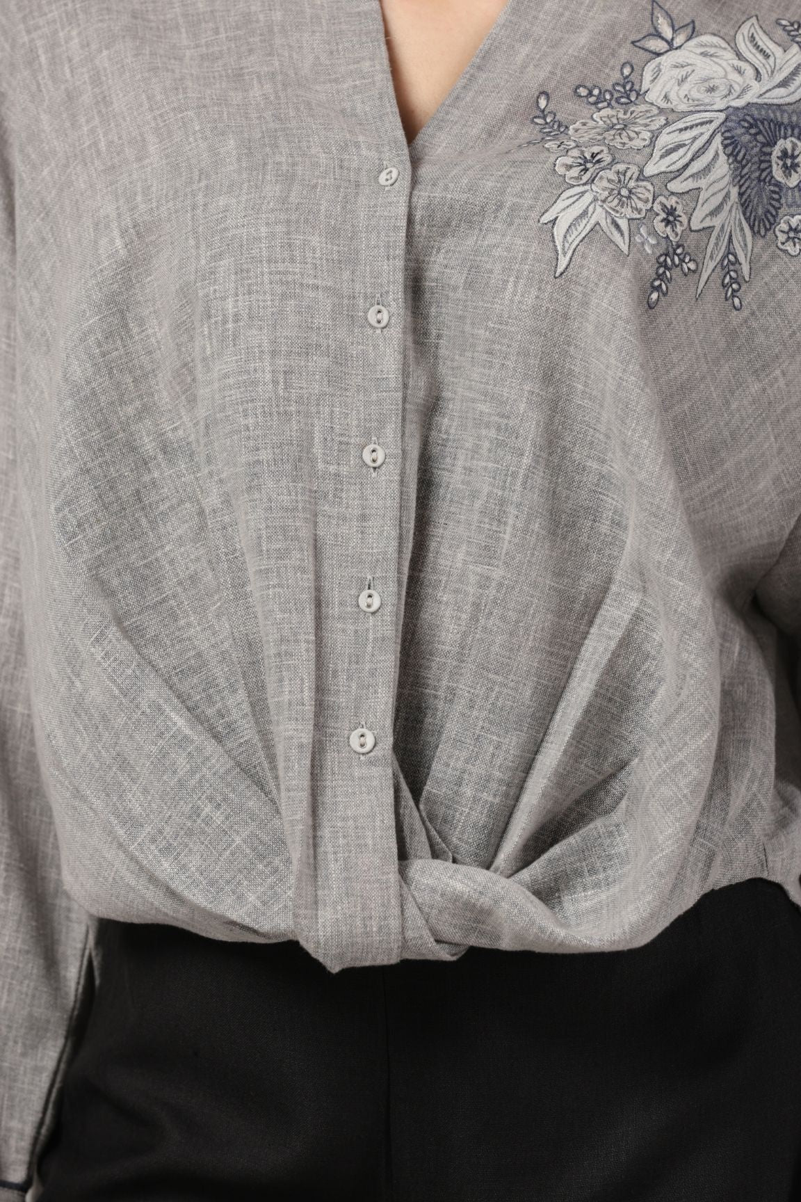 Grey Floral Embroidered Linen Shirt