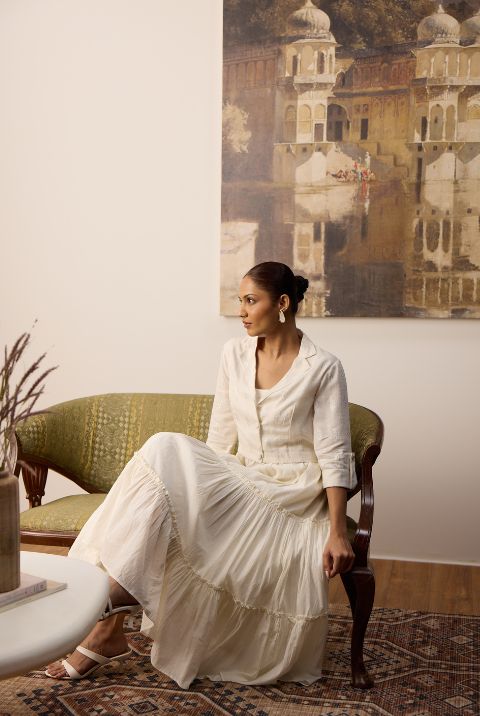 Off White Cotton Tiered Dress