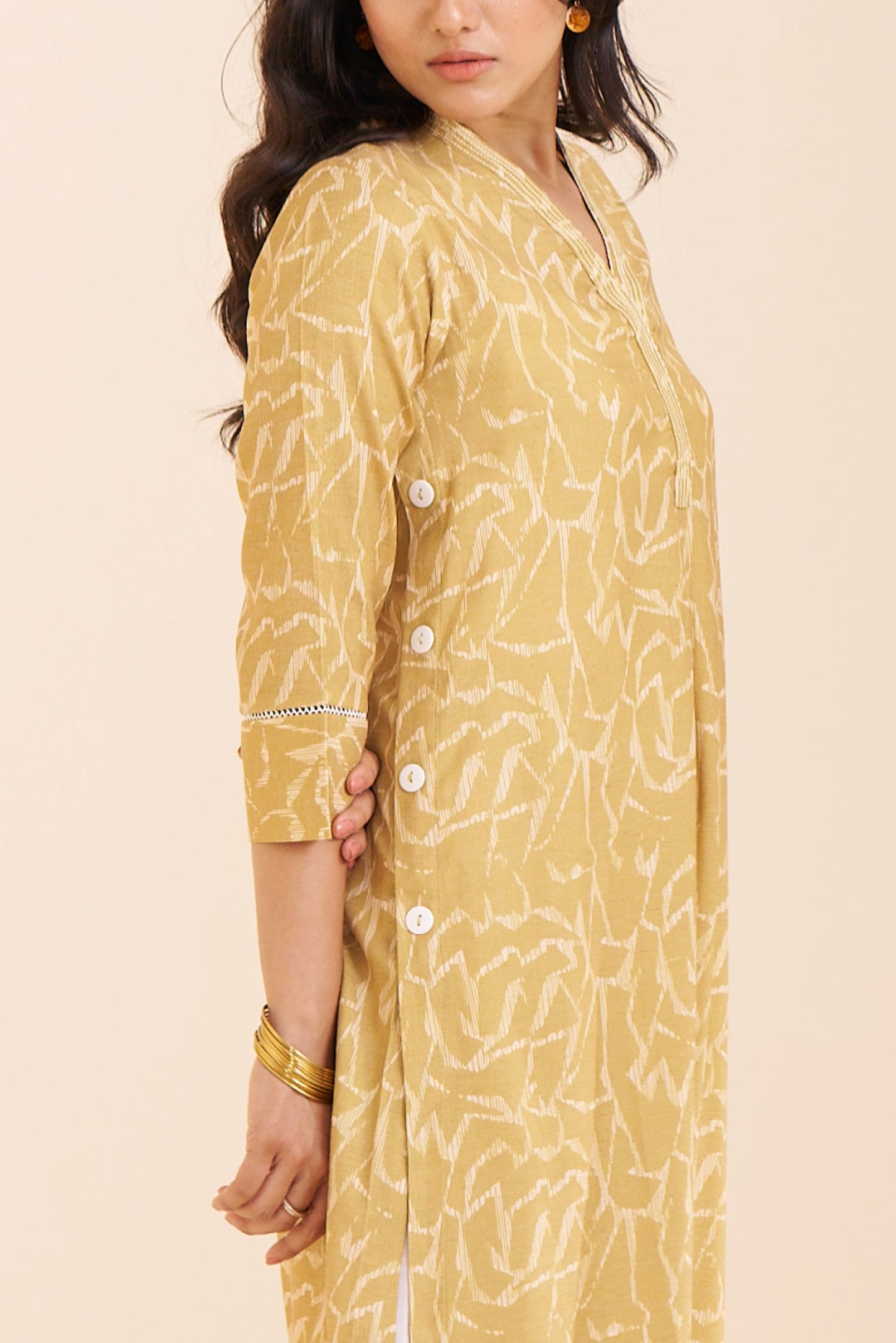Graceful Mustard Linen Blend Kurta with Modern Prints