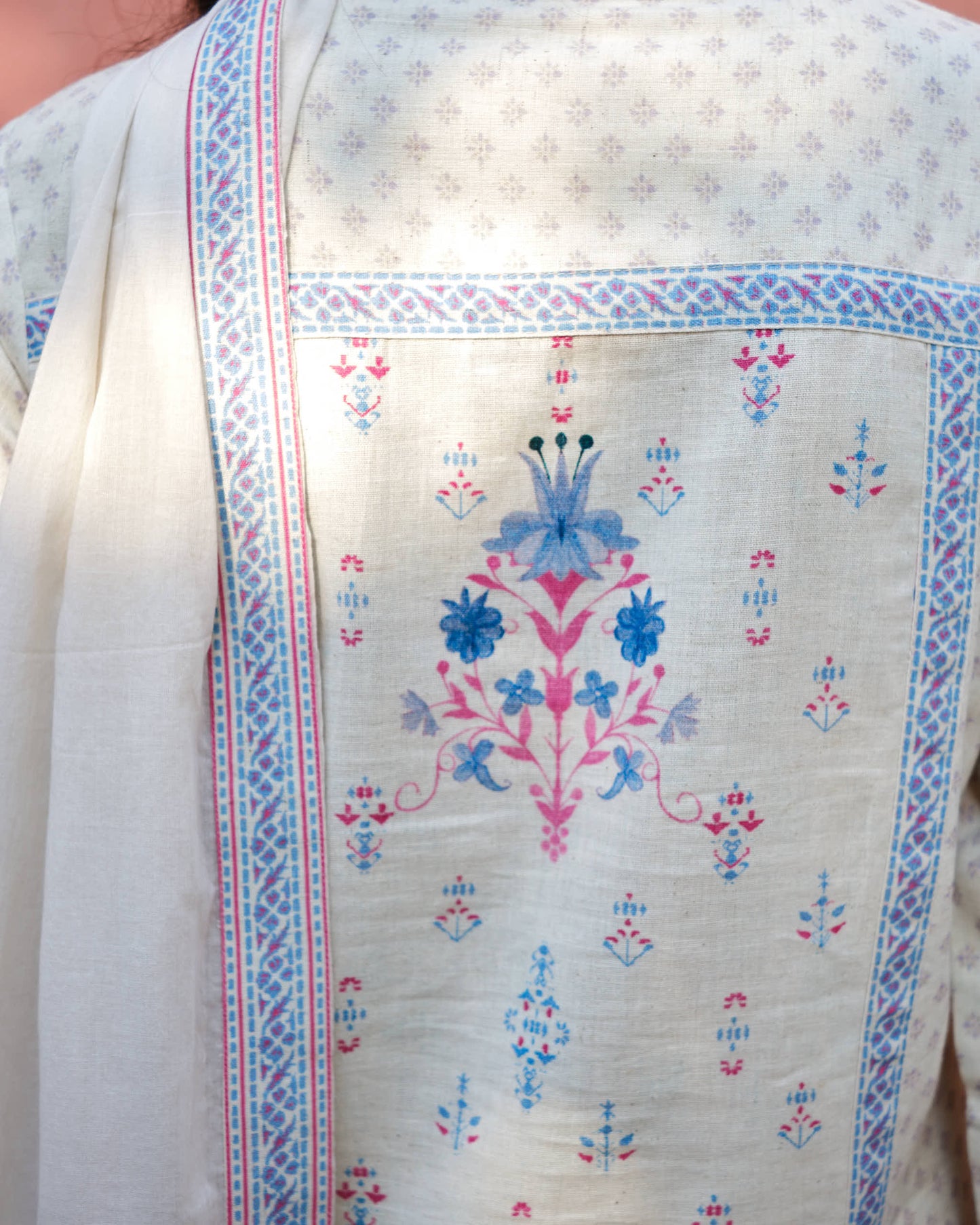 Ivory Blush Cotton Embroidered Suit Set with Mulmul Dupatta