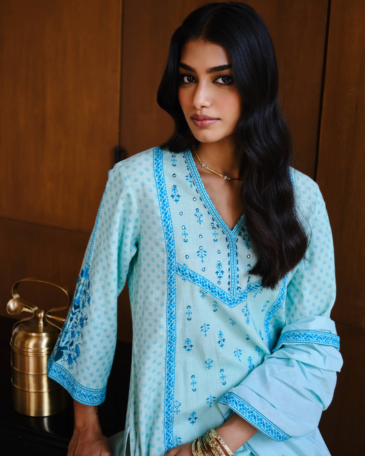Whisper Blue Cotton Embroidered Suit Set with Mulmul Dupatta