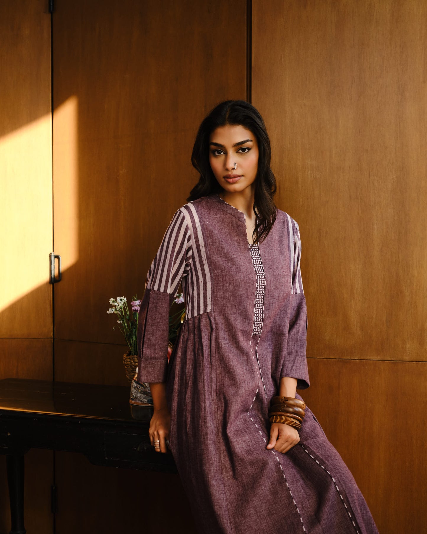 Plum Artisan Stripe Cotton Kurta Set