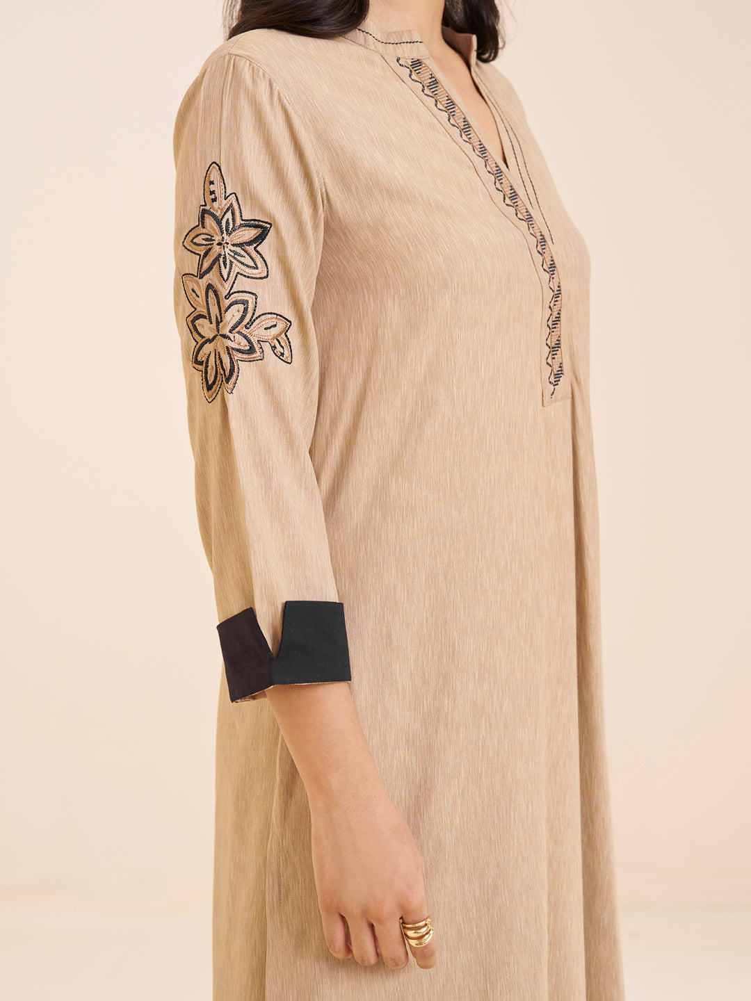 Classic Beige Viscose Blend Kurta with Contrast Accents