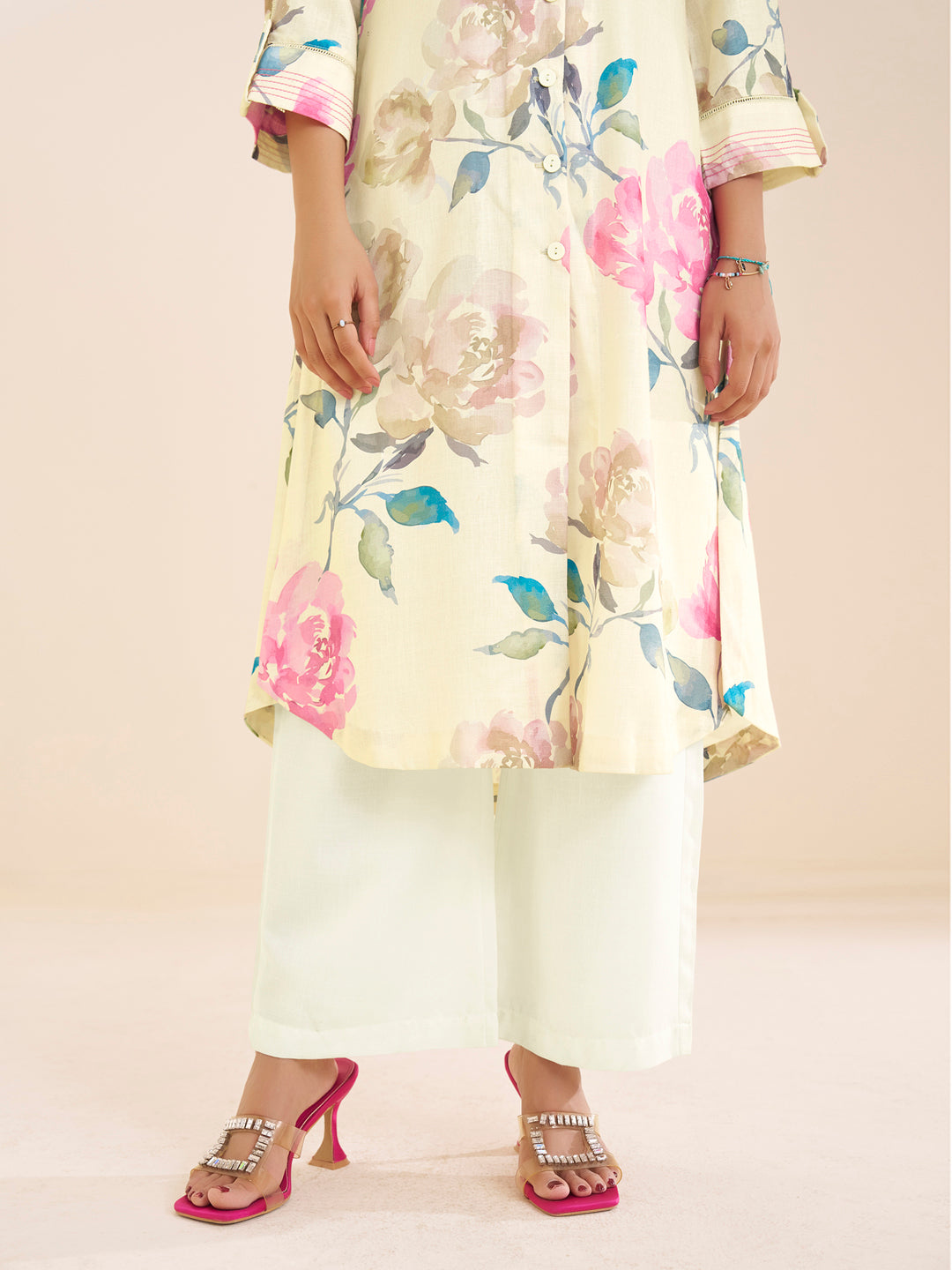 Graceful Cream Linen Blend Kurta with Pink Floral Print