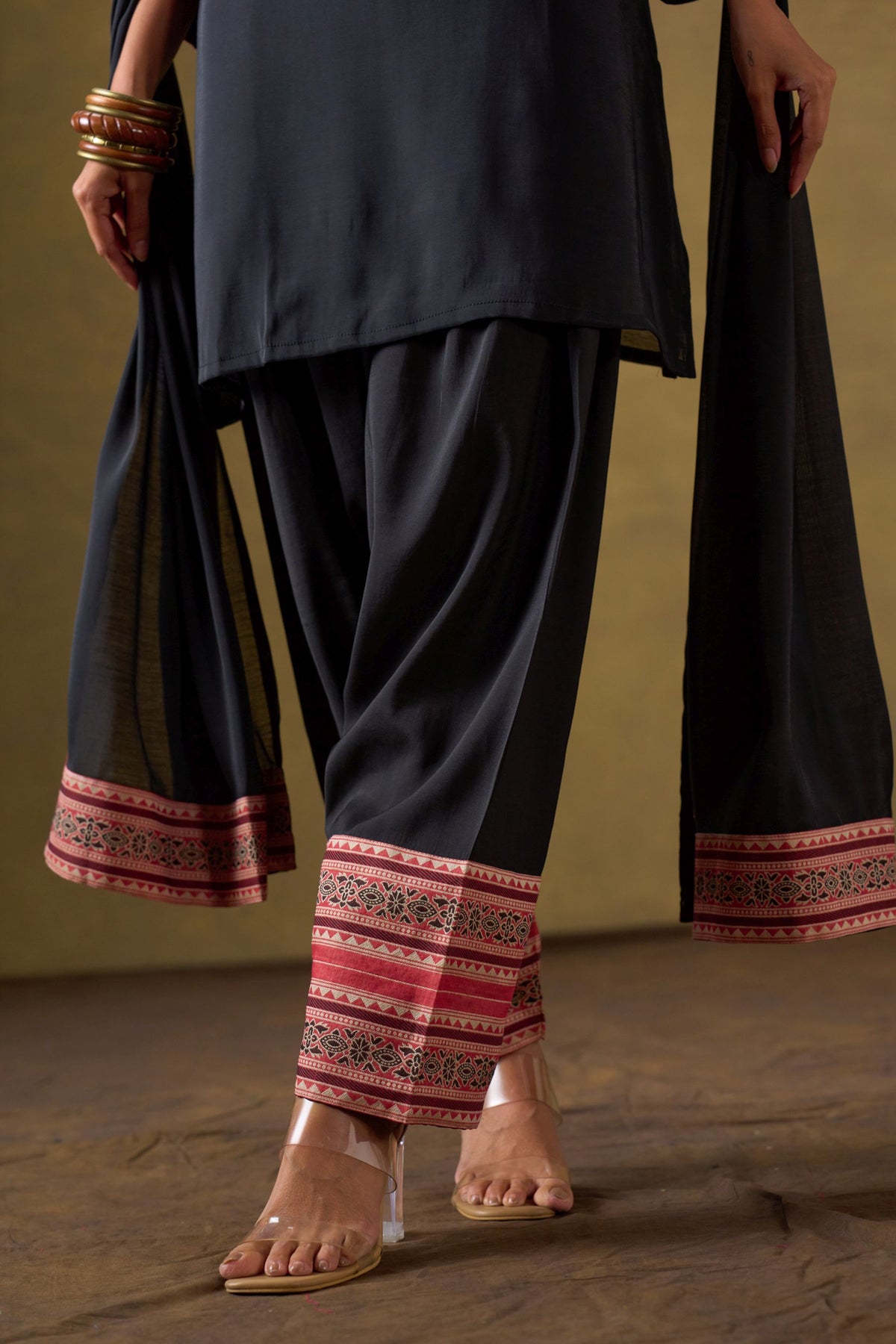 Black Chanderi Suit Set with Farshi Salwar and Dupatta