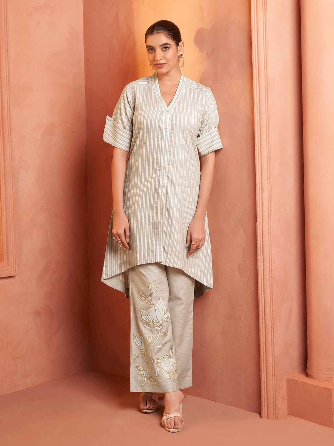 Striped Beige Embroidered Kurta Set