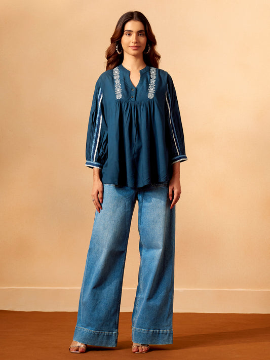 Classic Blue Rayon Slub Comfort Fit Top