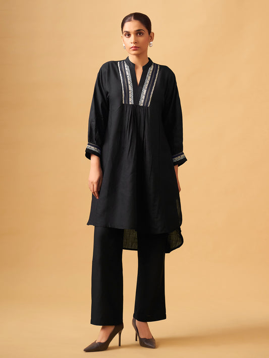 Classic Black Rayon Slub Straight Kurta Set