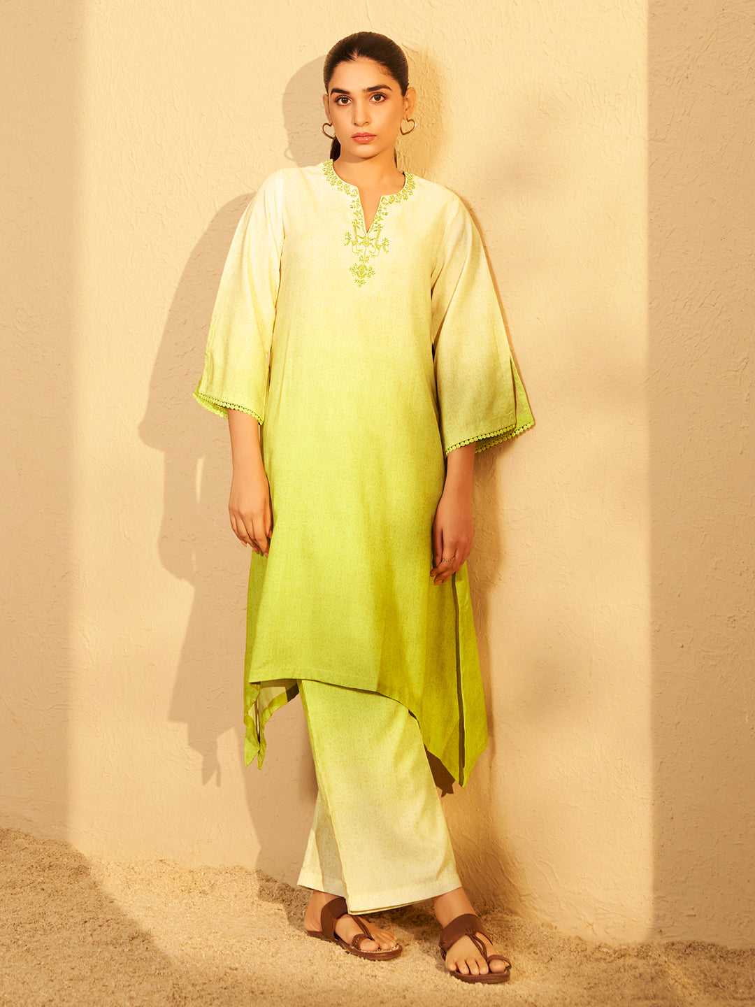 Yellow Ombre Embroidered Kurta Set