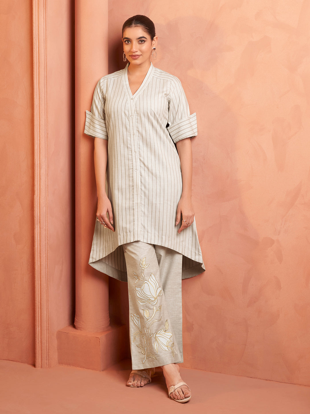 Striped Beige Embroidered Kurta Set