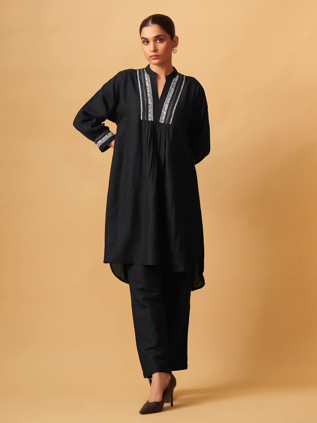Classic Black Rayon Slub Straight Kurta Set