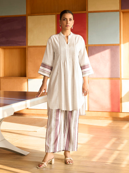 Cream & Maroon Handwoven Striped Cotton Kurta Set
