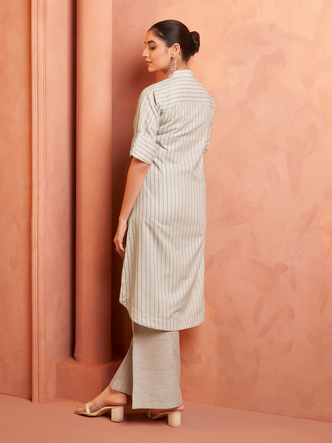 Striped Beige Embroidered Kurta Set