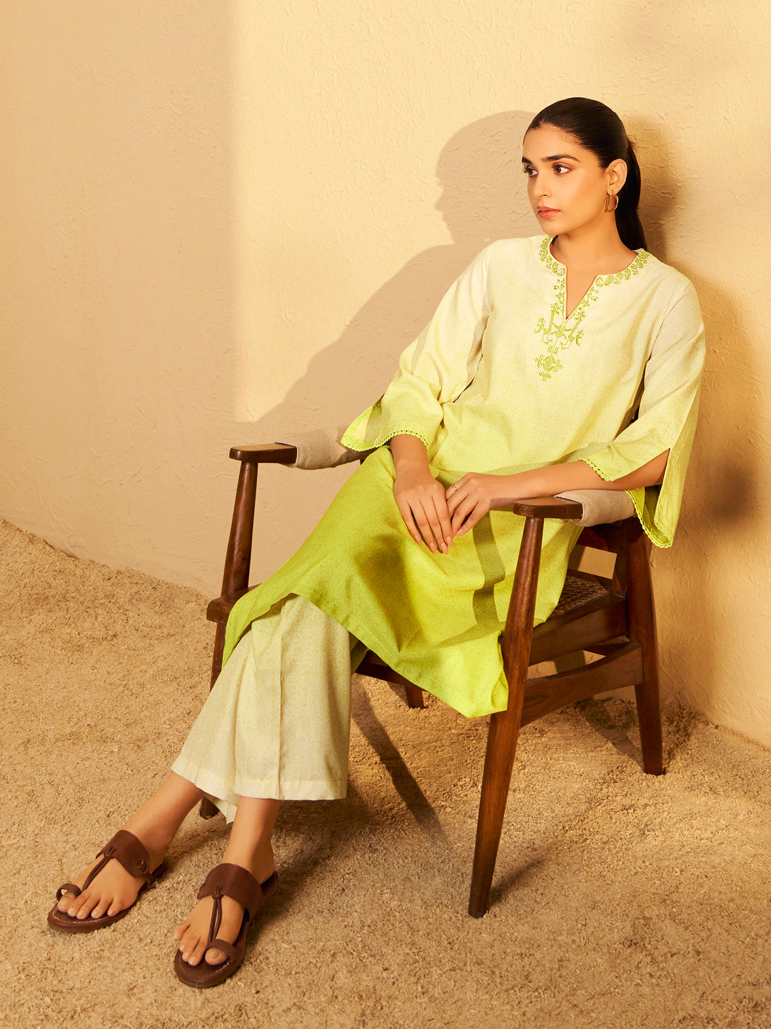Yellow Ombre Embroidered Kurta Set