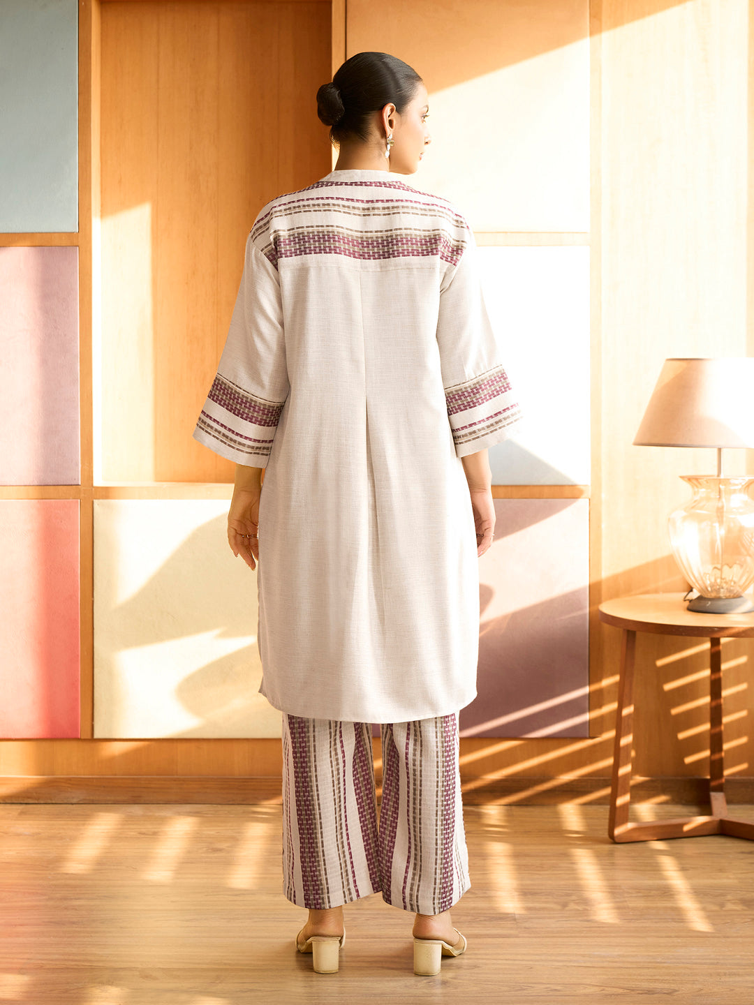 Cream & Maroon Handwoven Striped Cotton Kurta Set