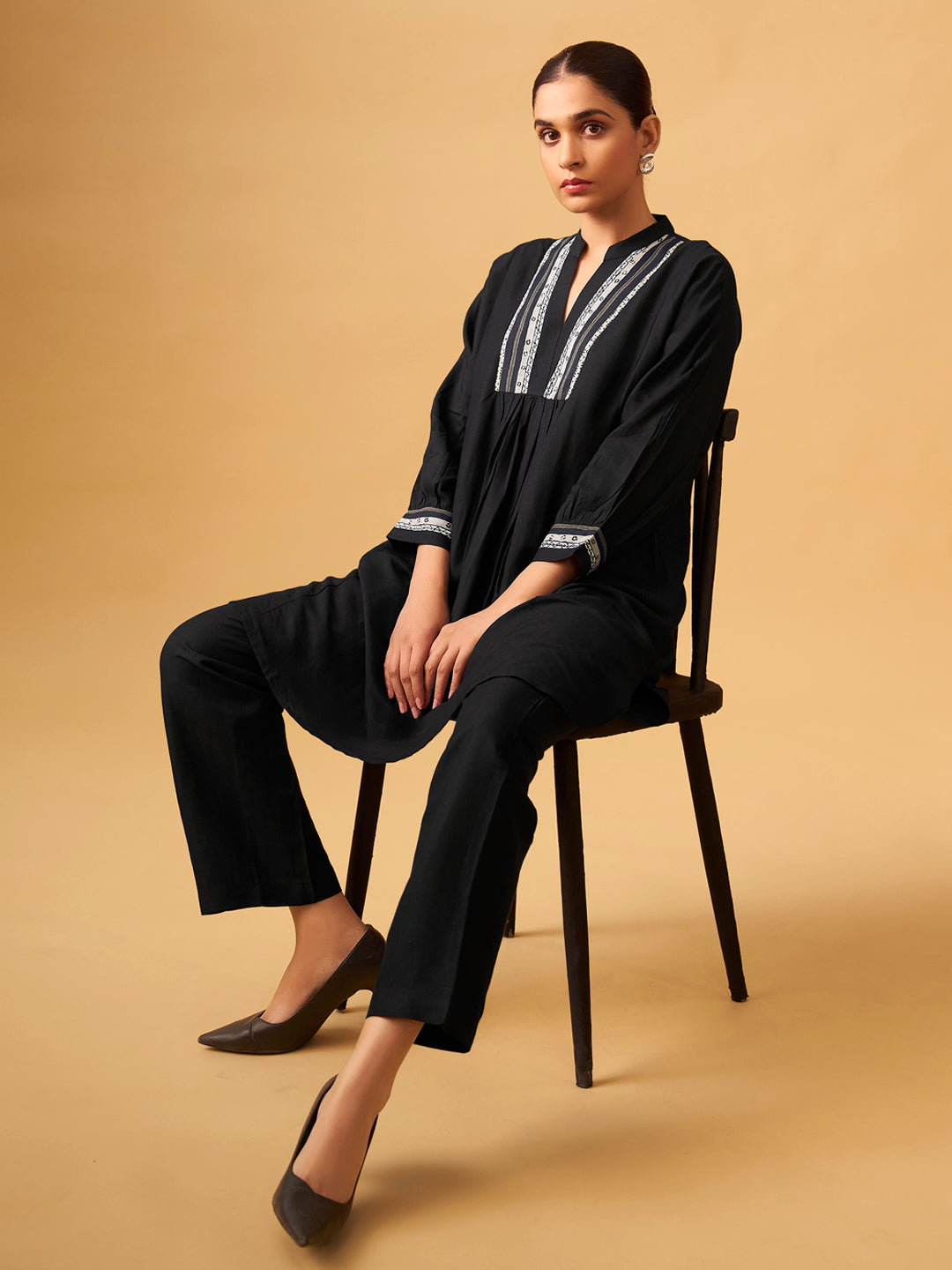 Classic Black Rayon Slub Straight Kurta Set