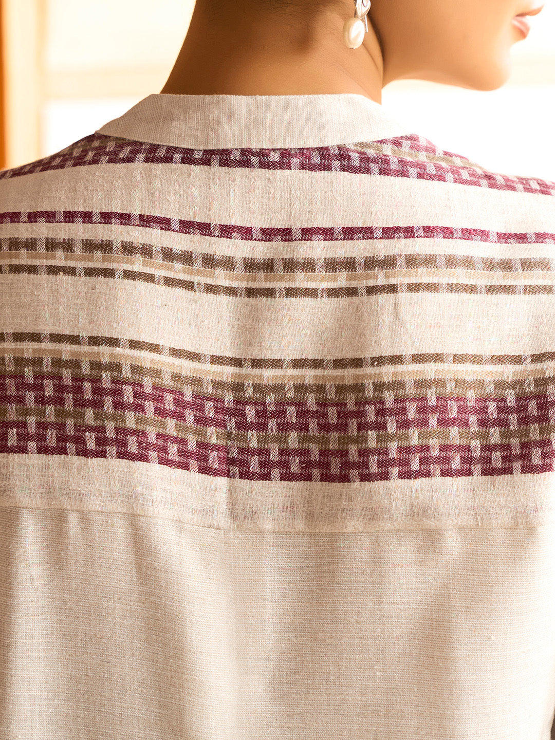 Cream & Maroon Handwoven Striped Cotton Kurta Set