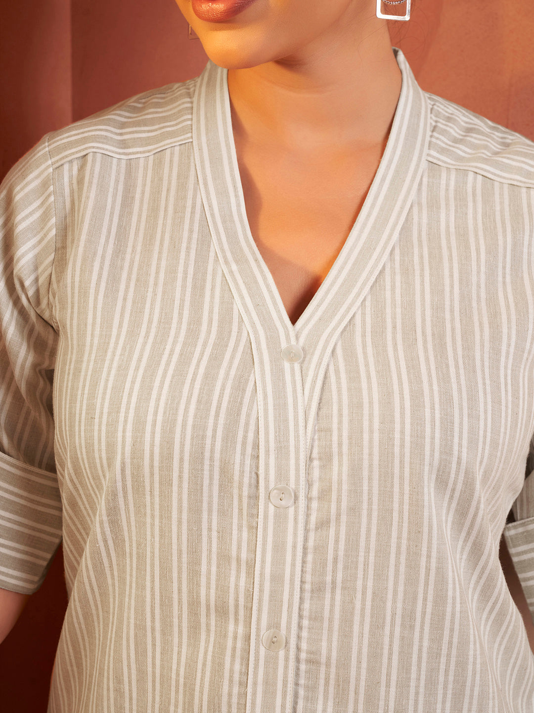 Striped Beige Embroidered Kurta Set