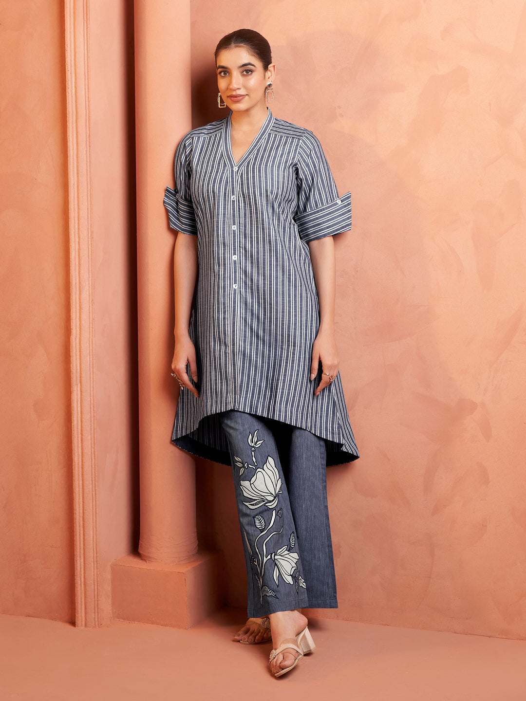 Blue Striped Embroidered Cotton Kurta Set