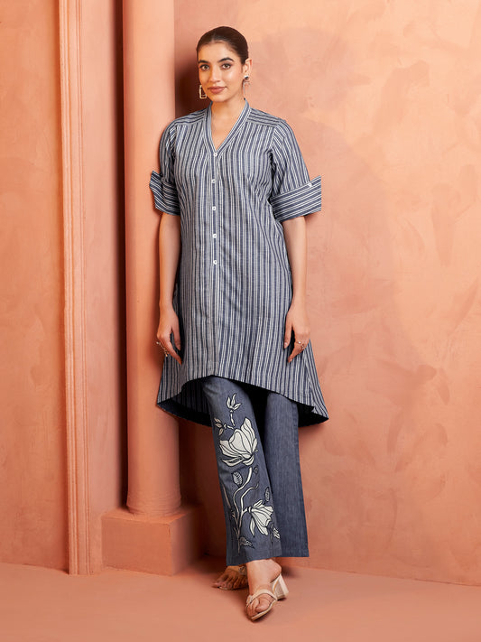 Blue Striped Embroidered Cotton Kurta Set