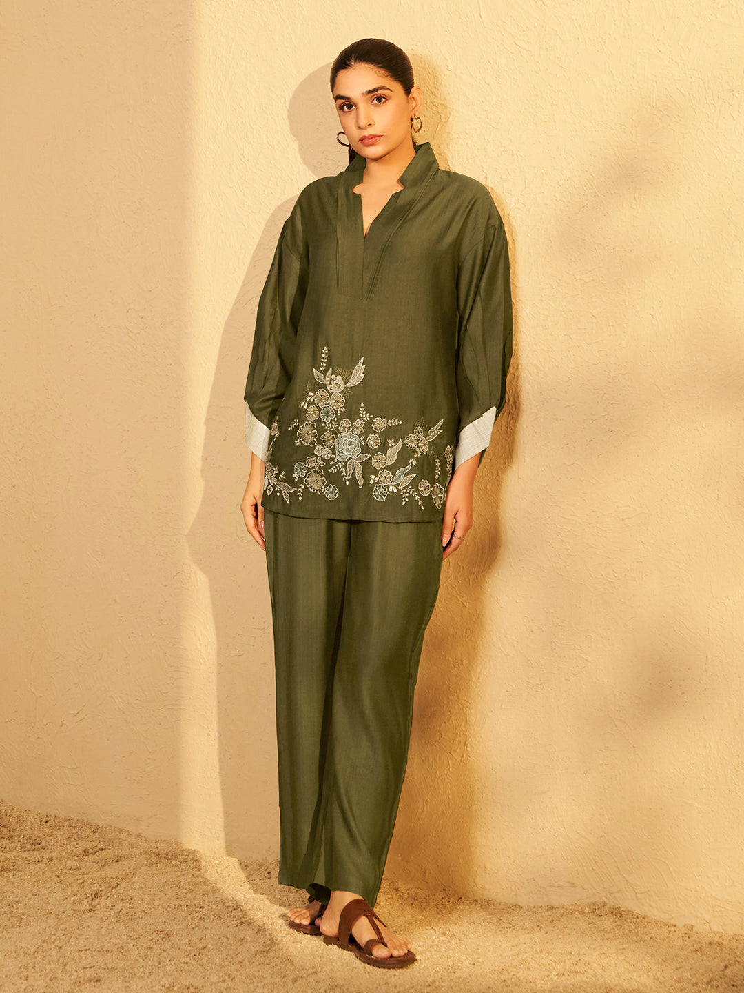 Olive Bloom Embroidered Cotton Co-ord Set