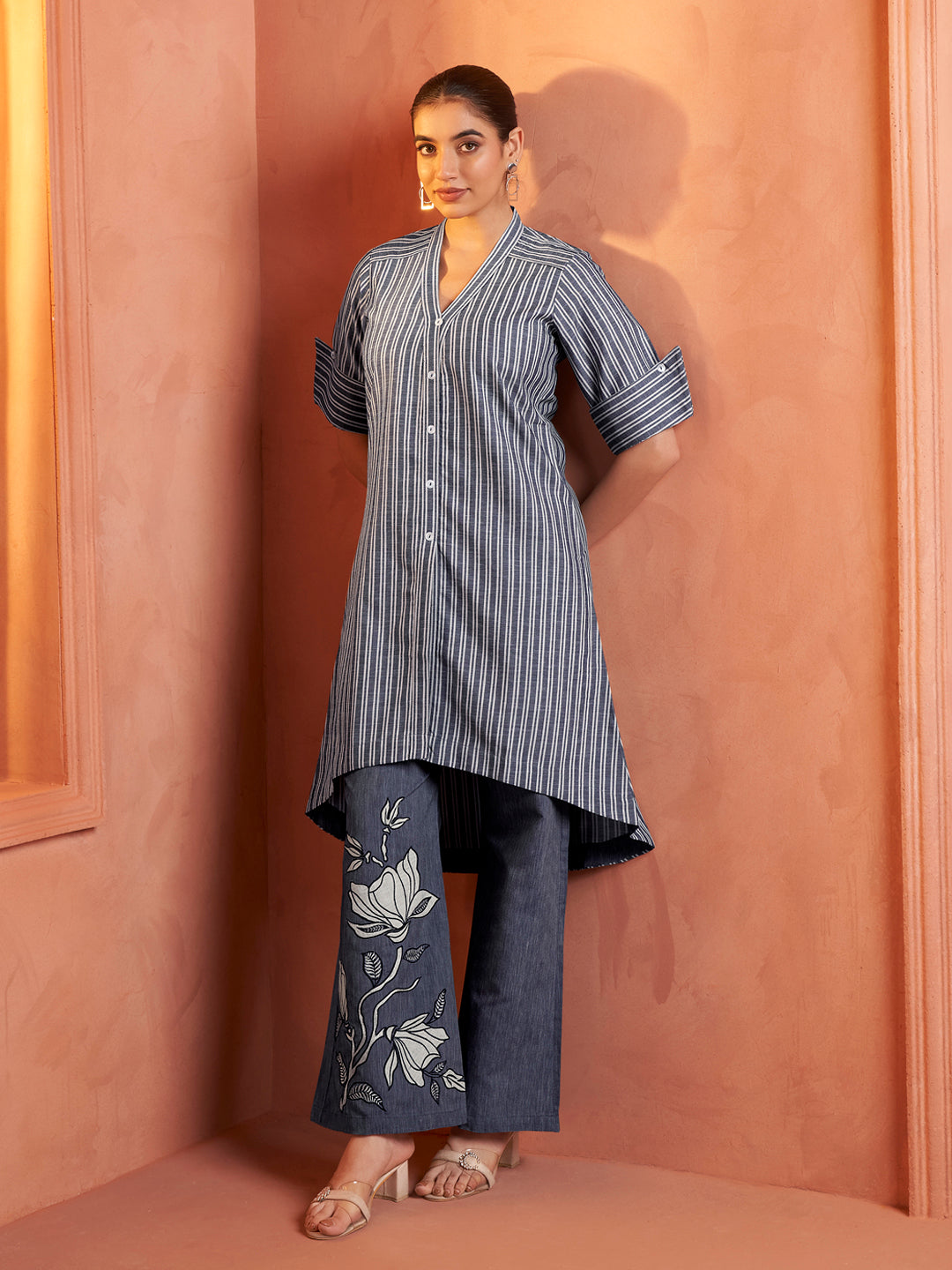 Blue Striped Embroidered Cotton Kurta Set