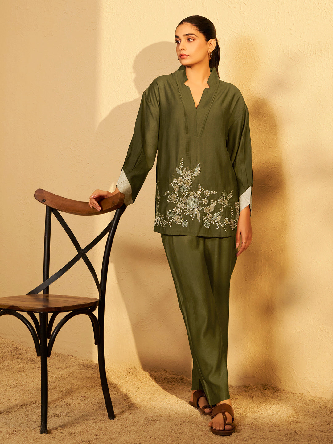 Olive Bloom Embroidered Cotton Co-ord Set