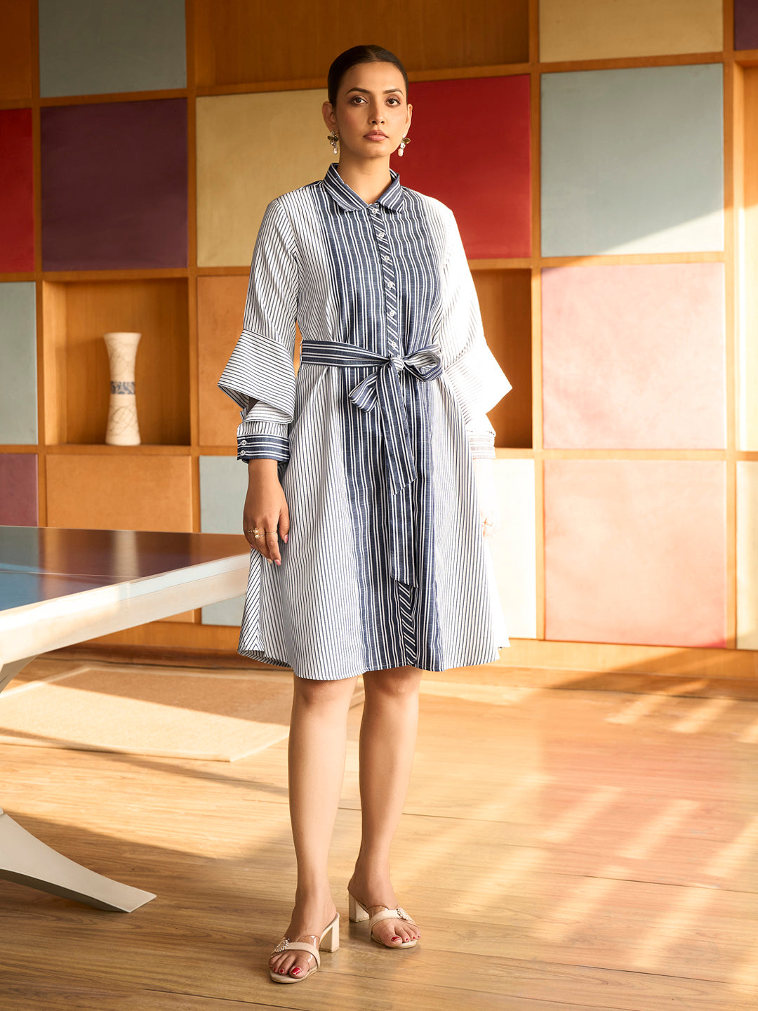 Blue & White Striped Belted Shirt Dress