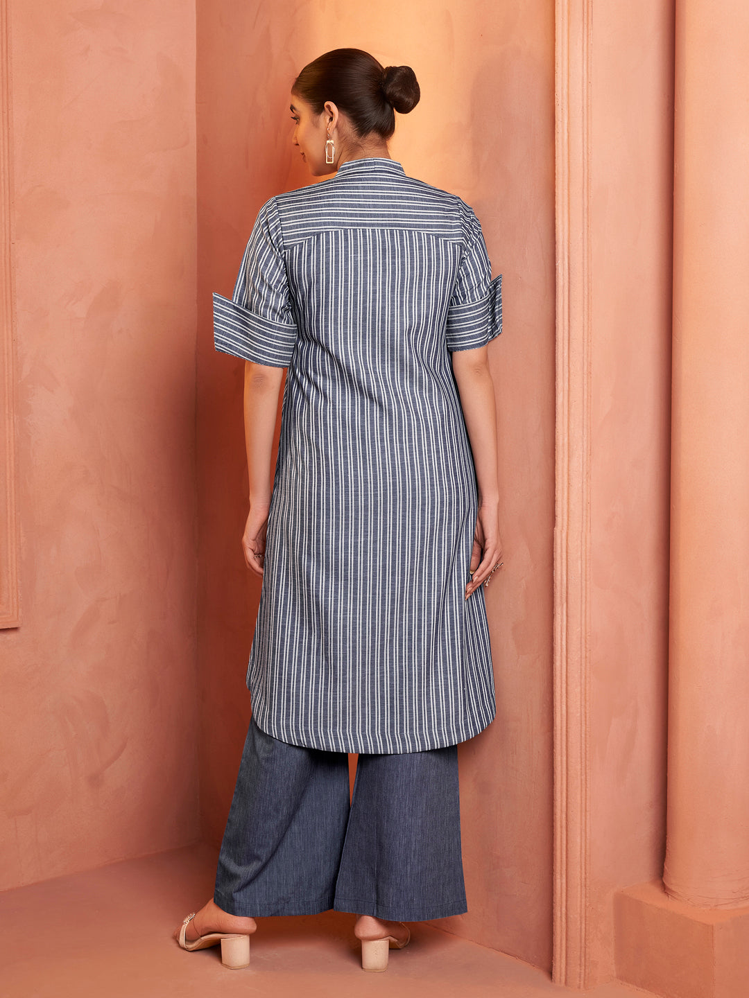 Blue Striped Embroidered Cotton Kurta Set