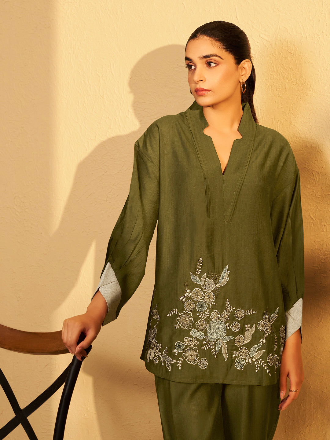 Olive Bloom Embroidered Cotton Co-ord Set